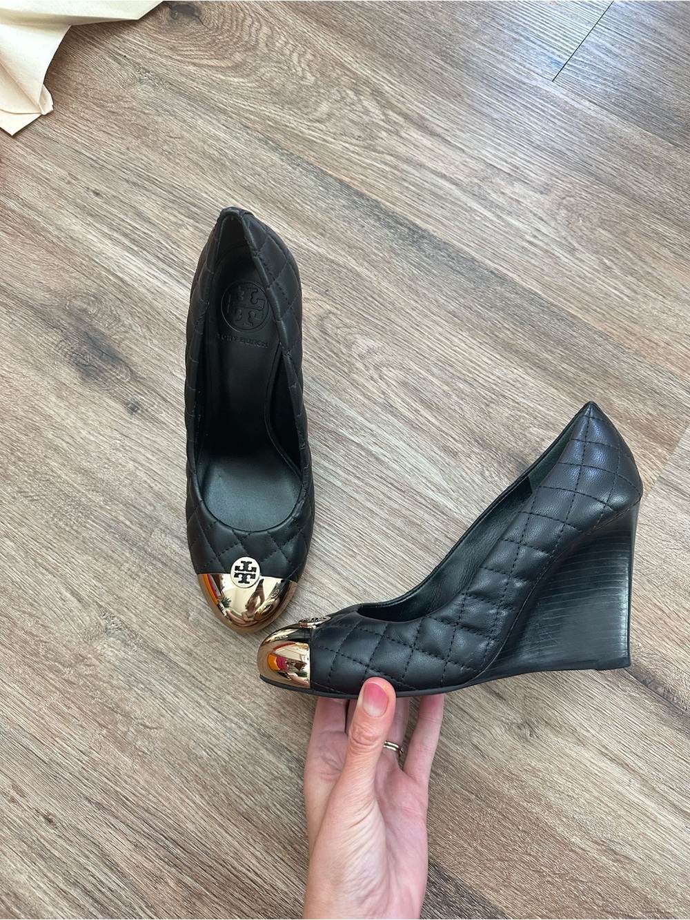 BRAND NEW Tory Burch Black Quilted Leather Kaitlin Wedge Pump with Gold Toe